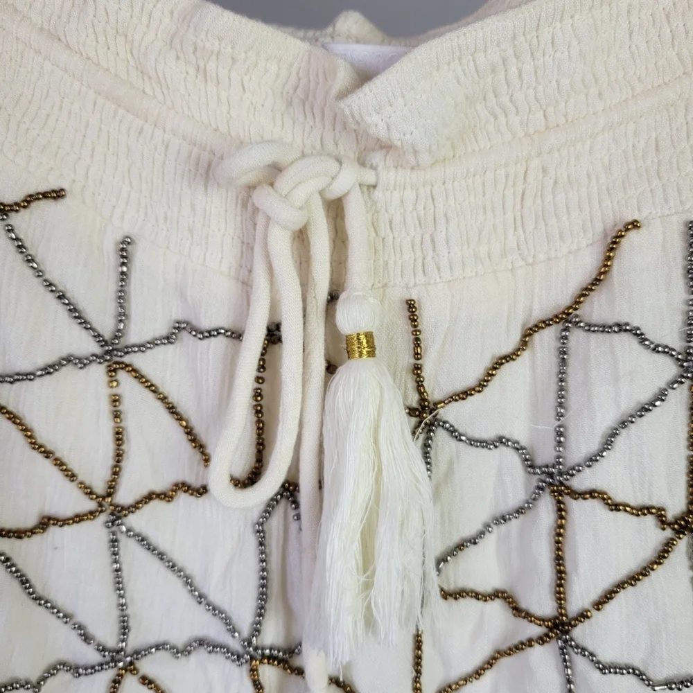 AMUSE SOCIETY // flowy relaxed elastic tie waist silver & bronze beaded Shorts - Picture 2 of 6